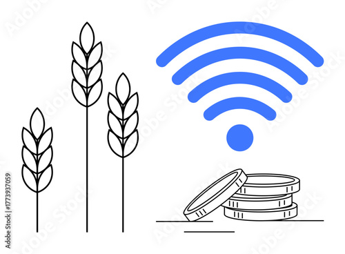 Wheat stalks, blue wireless signal, and stack of coins represent agricultural technology, rural connectivity, smart farming, economic development, data sharing, innovation, and sustainable progress
