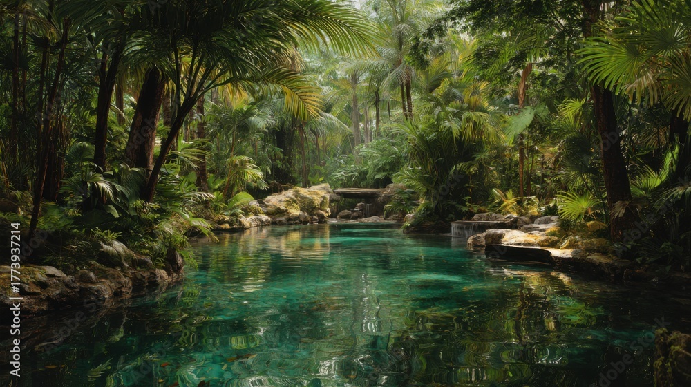 Naklejka premium clear green water in lush tropical forest