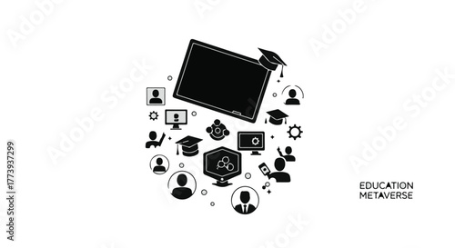 Digital learning icons and graduation cap form a circular flow for online education and metaverse concepts.