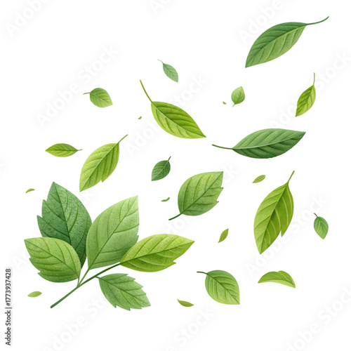 Fresh Green Leaves Scattered Isolated on White Background on transparent background