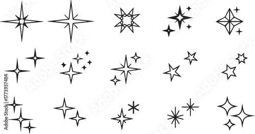 Hand-drawn sparkle and twinkle star icons set in minimalist black line art style on white background