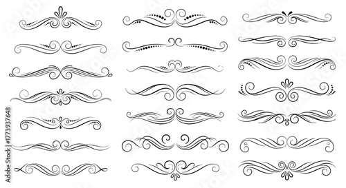 A diverse collection of elegant hand-drawn scroll and swirl dividers, perfect for adding a touch of vintage flair or ornate decoration to various design projects.