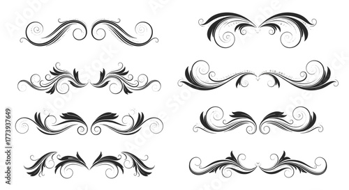 A versatile collection of elegant black scrollwork and decorative flourishes with a subtle distressed texture, ideal for vintage-inspired graphic design projects.
