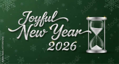The image of Joyful New Year 2026 with an elegant, silvery script against a rich emerald background and subtle snowflake accents evokes a sense of anticipation and celebration. vector illustration