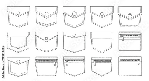 Collection of outline illustrations showcasing various garment pocket designs, including flaps, buttons, and zippers, perfect for fashion technical drawings and apparel design.