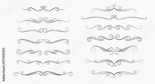 Collection of elegant hand-drawn vintage flourish dividers with ornate scrollwork, offering decorative page separators for classic and sophisticated design projects.