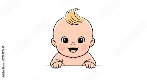 A joyful and adorable cartoon baby with blonde hair smiles brightly, peeking over a white surface with curiosity and innocence.