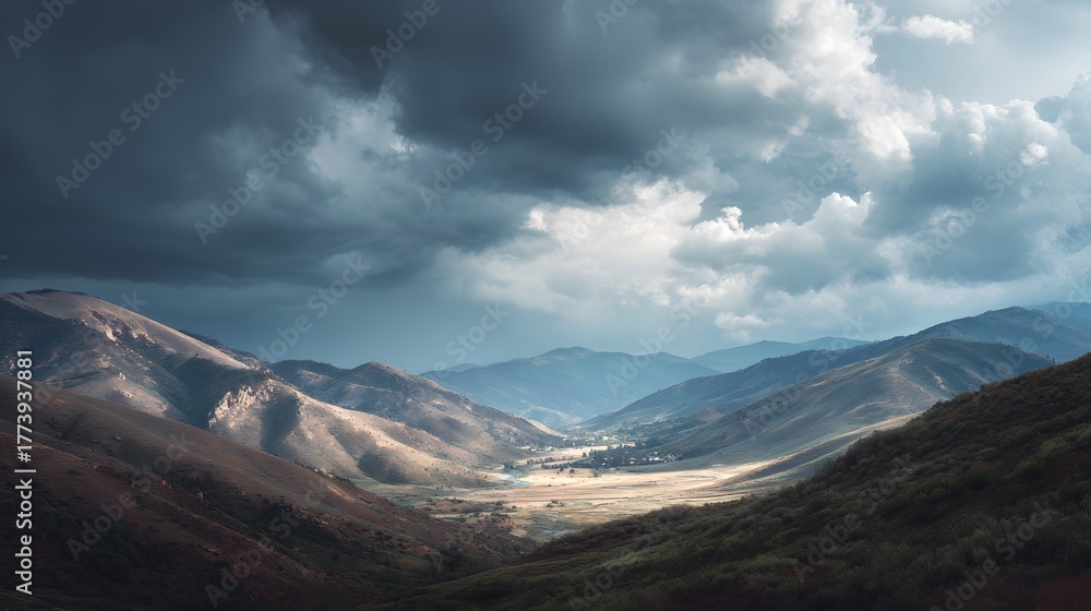 Obraz premium Dramatic overhead clouds illuminate a sweeping mountain valley landscape at twilight