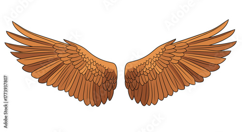 A pair of beautifully rendered brown bird wings featuring intricate feather details and warm earthy tones, poised elegantly as a symbol of flight and freedom against a clean white background.