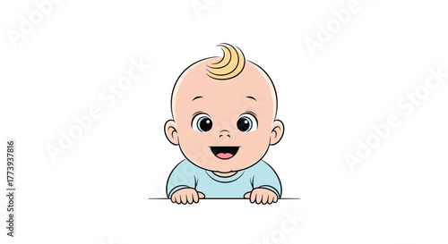 A cute and happy cartoon baby, with light skin, blue eyes, and a tuft of blonde hair, smiles broadly while peeking over a white surface.
