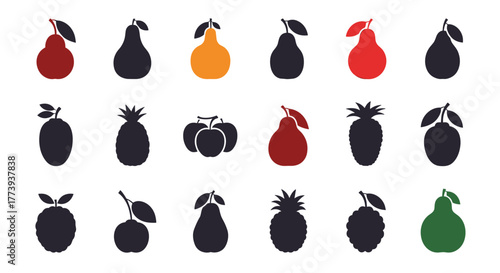 A vibrant and monochrome collection of fruit silhouettes featuring pears, pineapples, apples, and berries, perfect for illustrating healthy eating, nature, and organic themes.