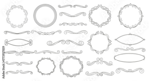 A versatile collection of elegant hand-drawn decorative frames, ornate borders, and intricate swirl flourishes, perfect for vintage designs, wedding invitations, and text embellishments.
