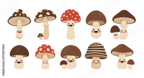 A delightful array of cute, smiling cartoon mushrooms with various cap designs and natural colors, offering a whimsical and friendly touch, isolated on a clean white background.
