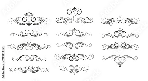 A collection of elegant vintage ornamental dividers and flourishes in a calligraphic style, perfect for classic design elements and text separation.