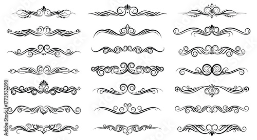 A versatile assortment of classic black and white scroll dividers, ornamental flourishes, and decorative borders, ideal for elegant graphic design and invitations.
