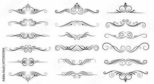 A collection of elegant vintage ornamental dividers, calligraphic flourishes, and decorative text separators ideal for classic design projects and wedding invitations.