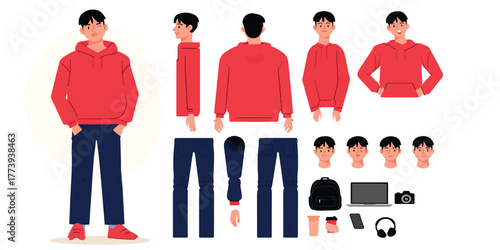 Young man in red hoodie poses, with character parts, ready for animation