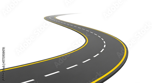 A winding asphalt road with white and yellow lines curves through a deep black void