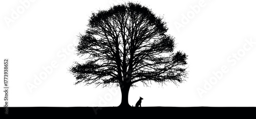 A conceptual black and white silhouette of a dog finding quiet companionship under the branches of a vast, leafless tree, representing loyalty and solitude