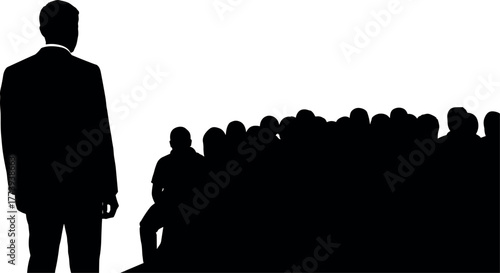 A silhouette of a leader addressing a large audience, symbolizing public speaking, communication, and the relationship between a speaker and a crowd in a business or social setting