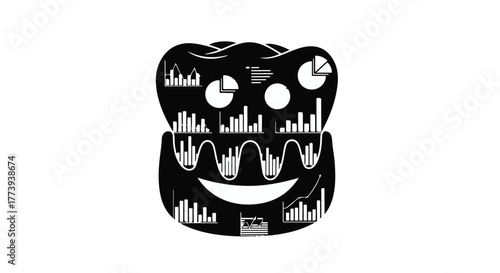 Abstract illustration of a smiling tooth filled with data charts and graphs, representing dental health analytics.