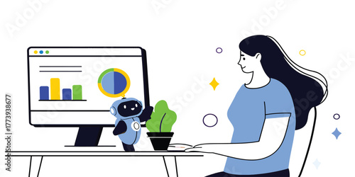 Businesswoman Collaborating with AI on Computer with Financial Charts