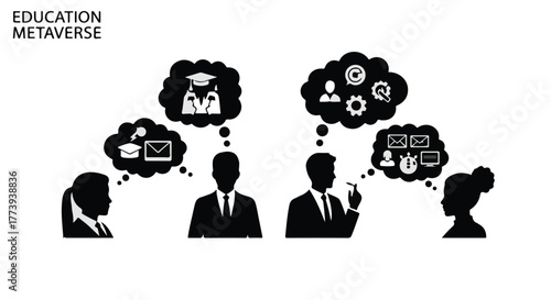 Diverse individuals in silhouette contemplating education and technology in a digital space.