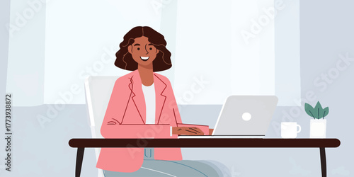 Happy businesswoman working on a laptop computer in a modern office, vector illustration