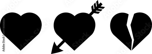 A whole heart, broken heart, and heart with an arrow. Silhouettes isolated vector set. Transparent background