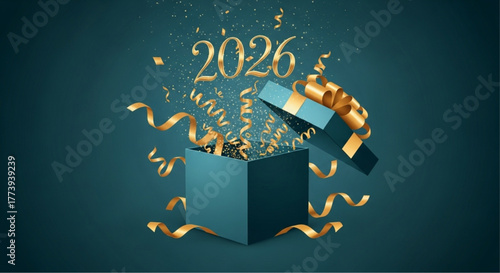 A festive open gift box with golden ribbon and confetti, celebrating the arrival of the new year 2026. This illustration conveys joy, anticipation. vector illustration