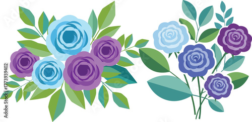 Two watercolor floral arrangements featuring vibrant blue and purple roses with green leaves