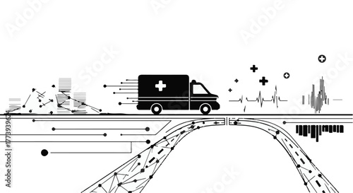 Ambulance speeding through digital landscape, symbolizing rapid medical response and healthcare technology.
