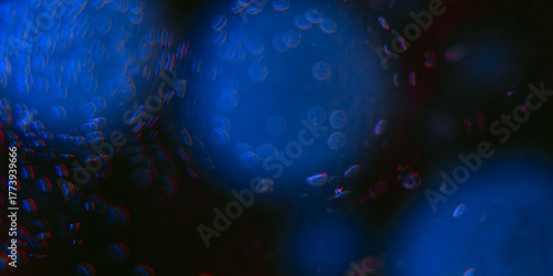 Extreme macro close-up of dark liquid with circular clusters of tiny blue bubbles, contrasting strongly with a dark red or deep purple background.