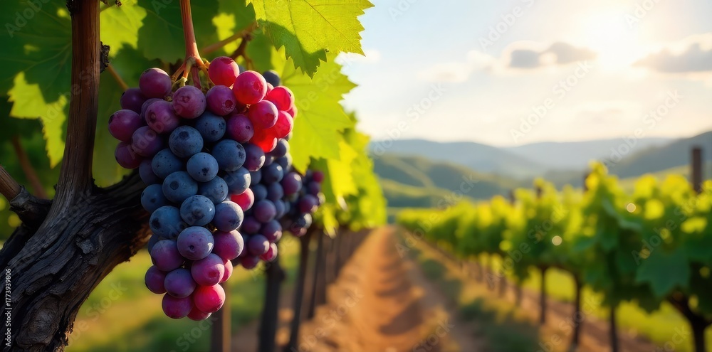Fototapeta premium Sun-drenched Pinot Noir grapes hanging heavy on the vine, ready for harvest at a picturesque winery Lush foliage and rolling hills create a stunning vineyard landscape , wine bottle, foliage