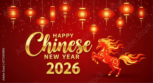 Captivating Chinese New Year scene with festive lanterns and a prancing horse celebrating a new year of the lunar calendar in a graphic-rich illustration. vector illustration