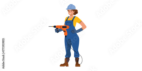 Confident female builder in a hard hat holding a power drill tool vector illustration