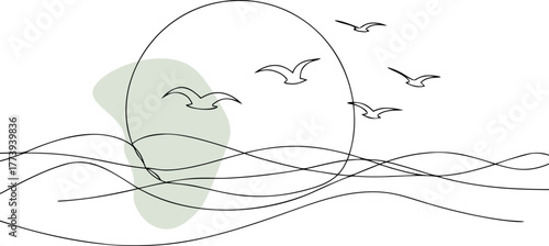 Flying birds over wavy ocean and sun waves