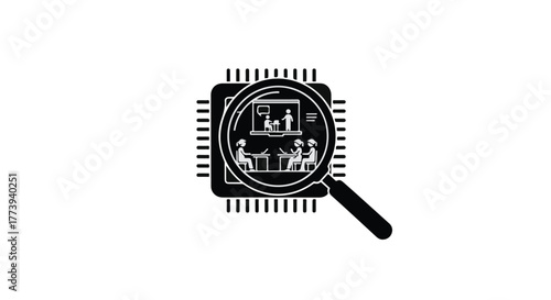 Magnifying glass examines microchip with tiny figures representing a team working together.