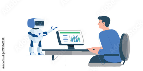 Human and Robot Discussing Data on Computer Screen Illustration