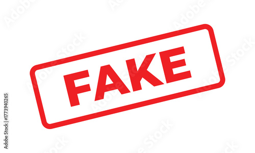 Red rectangular stamp with the word "FAKE" in bold uppercase letters on a white background, symbolizing false information, counterfeit, fraud, or hoax concept for warning or verification use.