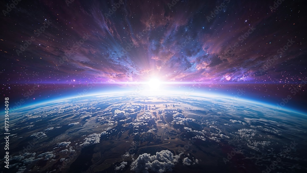 Fototapeta premium Earth from space with sunrise and cosmic background. Space exploration and astronomy, concept. The view of our planet and the universe. The concept of space and celestial observation.