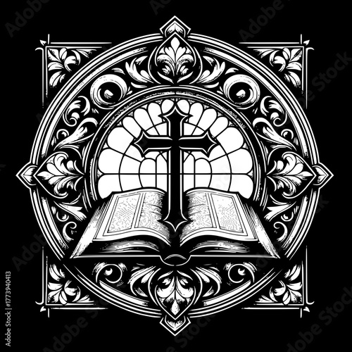 Sacred Symbols: An open Bible and a prominently displayed cross, set against the backdrop of an intricately designed window, combine to evoke a sense of reverence and faith.