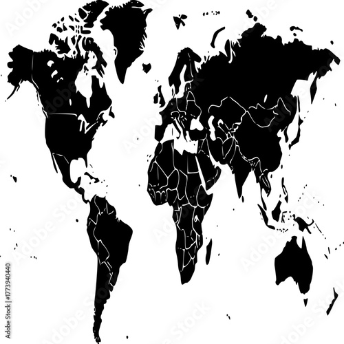 Global Silhouette: A stark silhouette of the world map, delineating continents and countries, symbolizes the scope of the earth, international relations, and global connections. 