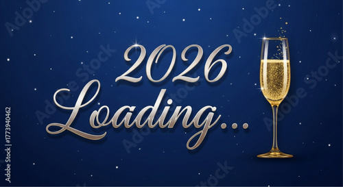 A celebratory visual announcement for the year 2026, combining festive champagne imagery with the digital concept of loading, creating an engaging visual experience. vector illustration