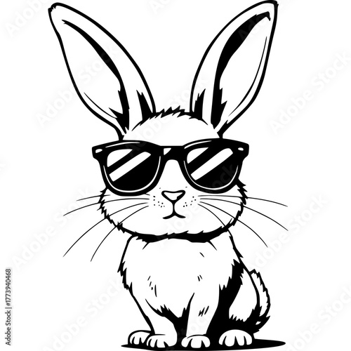 Cool Rabbit with Shades: A charming black and white illustration of a cool rabbit sporting stylish shades, embodying a sense of relaxed charm and effortless coolness.