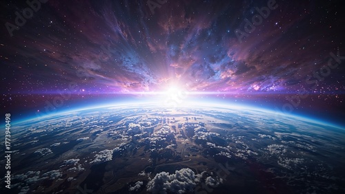 Fototapeta Naklejka Na Ścianę i Meble -  Earth from space with sunrise and cosmic background. Space exploration and astronomy, concept. The view of our planet and the universe. The concept of space and celestial observation.