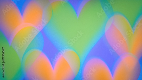 Valentine's Day Themed Artwork with Gradient Colorful Hearts in Green, Orange, Blue, Pink Hues, Blurred Overlapping Design Ideal for Wallpaper, Poster, Banner and Romantic Creative Projects