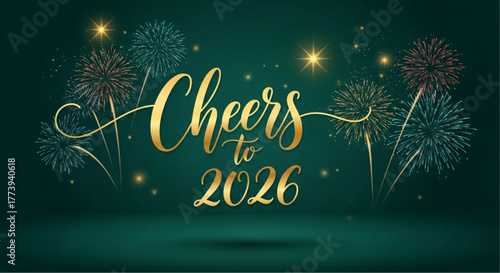 A festive display, celebrating the start of the new year, Cheers to 2026, with glittering fireworks, creating a warm, celebratory atmosphere. vector illustration