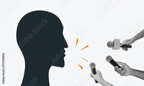 head Silhouette. speaking on multiple halftone collage hand holding microphones. for communication, leadership, press interviews, public speaking, News, and media relations