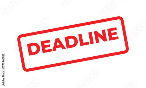 Red rectangular stamp with the word "DEADLINE" in bold uppercase letters on a white background, representing urgency, due date, time limit, schedule, and business reminder concept for warning use.